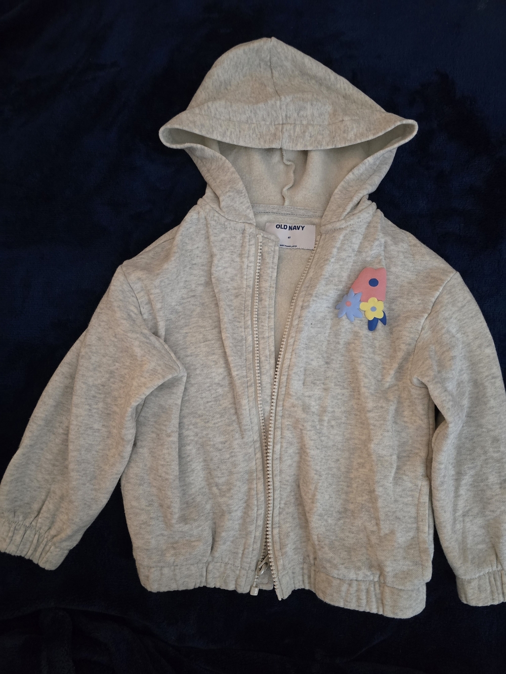 Old Navy Light Gray Hooded Zip Sweatshirt with Pink & Blue Rocket Patch